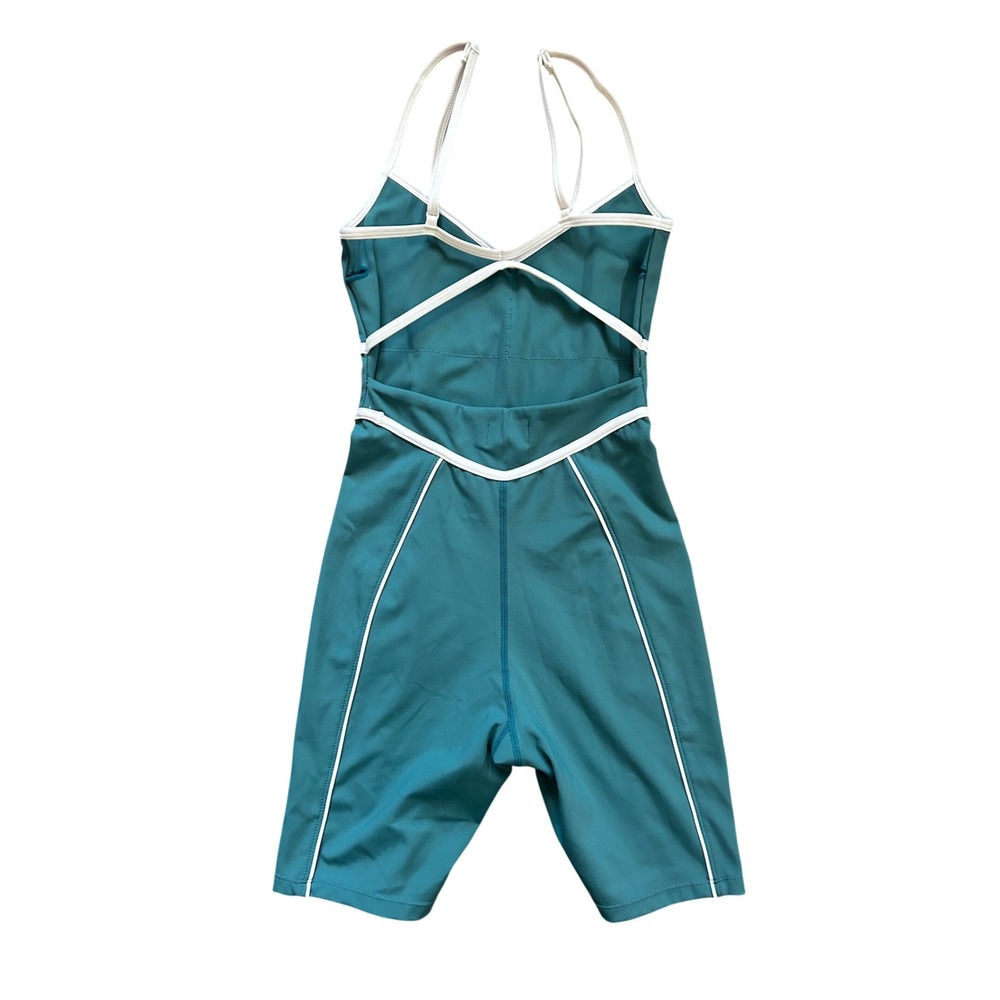 YLLW Teal Blue Active Romper Womens Size S Biker Bodysuit Piping - Picture 12 of 16